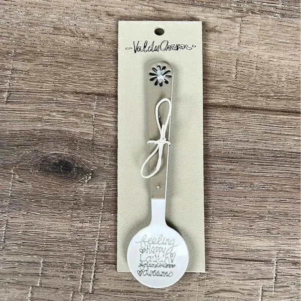 Enamel sugar spoon with wooden handle and laser engraved Feeling Happy flower design