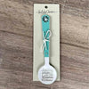 Enamel sugar spoon with wooden handle and laser engraved Feeling Happy flower design