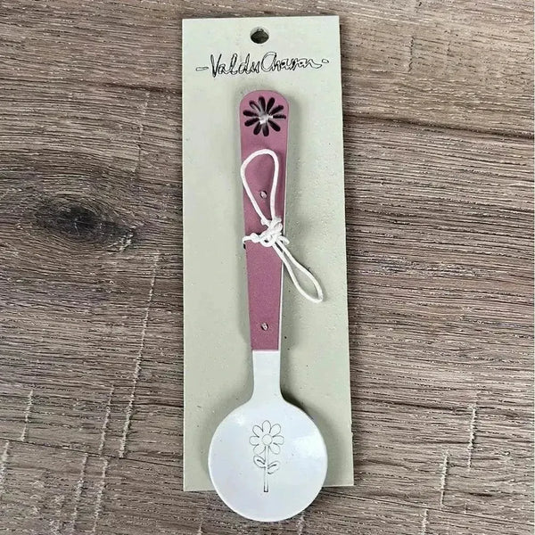 Enamel sugar spoon with wooden handle and laser engraved flower design