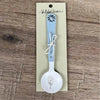 Enamel sugar spoon with wooden handle and laser engraved flower design