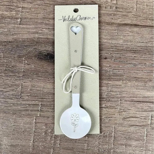 Enamel sugar spoon with wooden handle and laser engraved flower design
