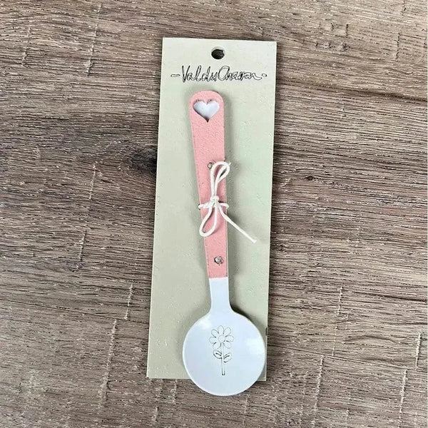 Enamel sugar spoon with wooden handle and laser engraved flower design