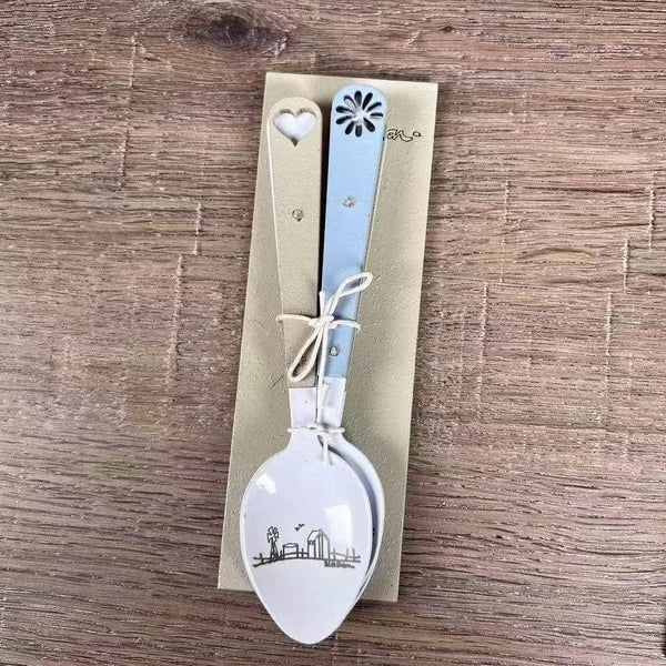 Enamel teaspoon set with wooden handles and farmhouse laser engraving