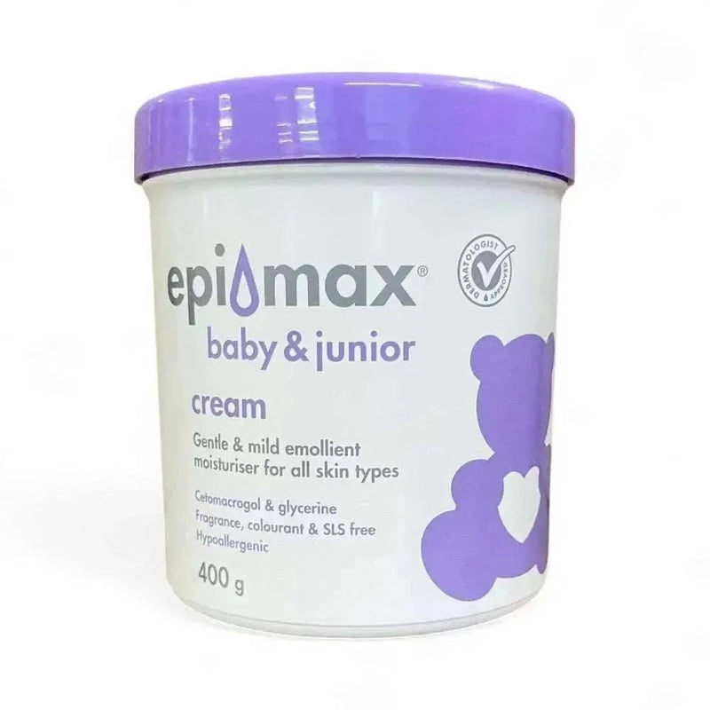 Epimax Baby & Junior Body Cream Tub 400g, gentle emollient moisturizer for sensitive skin, eczema relief, fragrance-free.