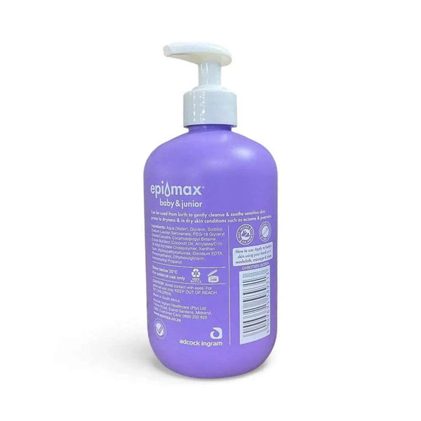 Epimax Baby & Junior Body Wash Pump - 450ml purple bottle with pump dispenser, suitable for sensitive skin.