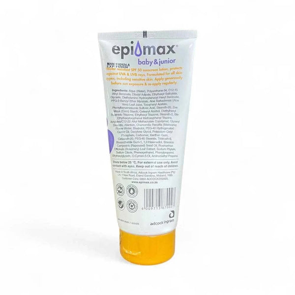 Epimax Baby & Junior Sunscreen Lotion SPF50 – 200ml tube with UVA/UVB protection, suitable for sensitive skin.