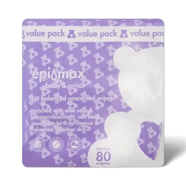 Epimax Baby Wipes 80's value pack with pH balanced, unscented, aloe vera & chamomile for sensitive skin.