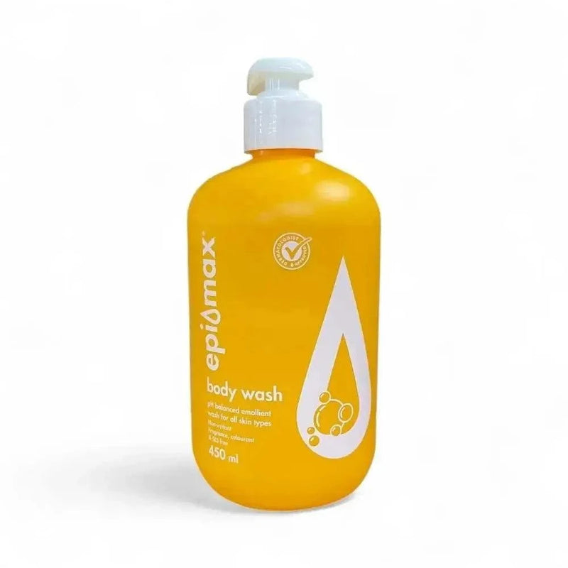 Epimax Body Wash Pump 450ml bottle, pH-balanced cleanser for all skin types.