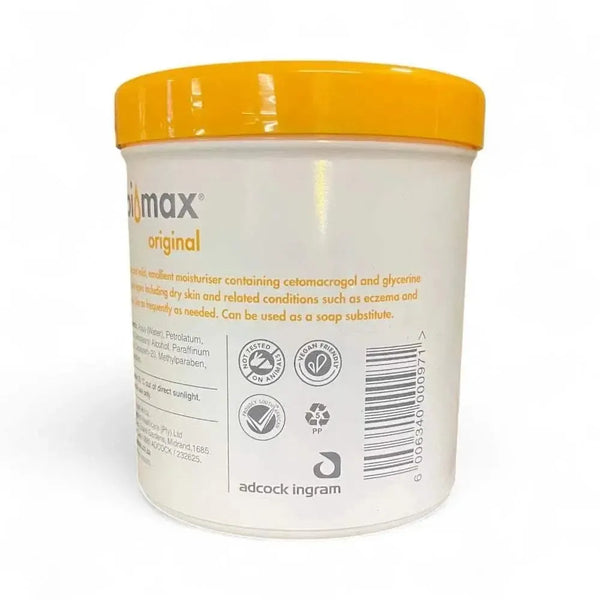 Epimax Original Body Cream Tub 400g with yellow lid, dermatologist-approved moisturizer for dry and sensitive skin.
