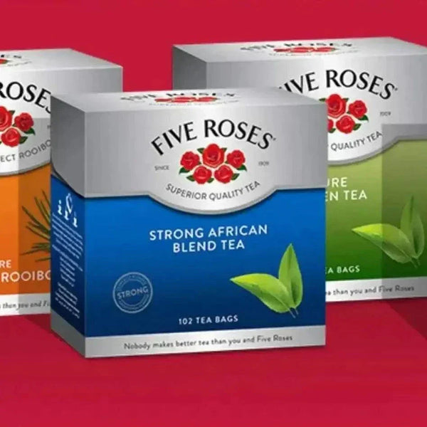 Pack of 102 FIVE ROSES Tea African Blend BLUE bags showcasing rich African-inspired full-bodied flavor