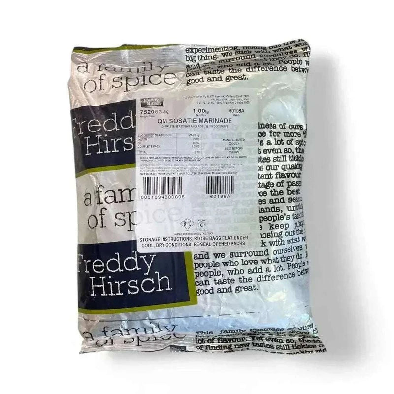 Freddy Hirsch Sosatie Marinade 1kg seasoning packet for South African meat skewers.