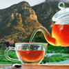 Freshpak Rooibos Tea being poured from glass teapot into cup with mountain background