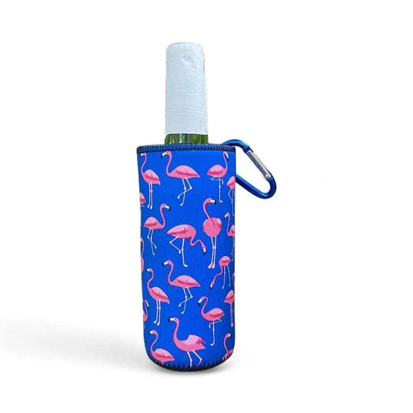Frosty Beer Cooler with flamingo print and carabiner clip.