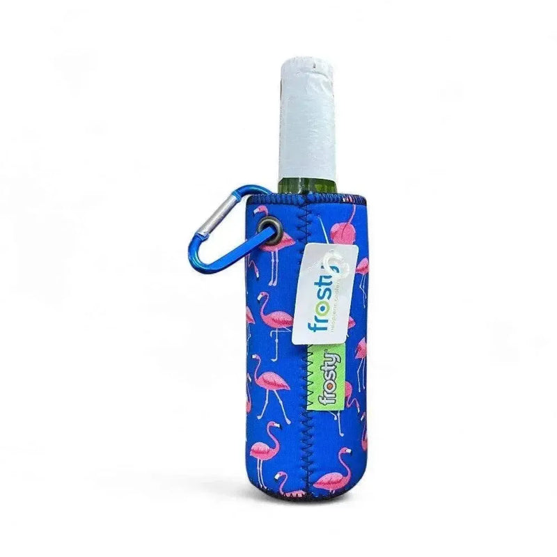 Frosty Beer Cooler with flamingo print and carabiner clip.