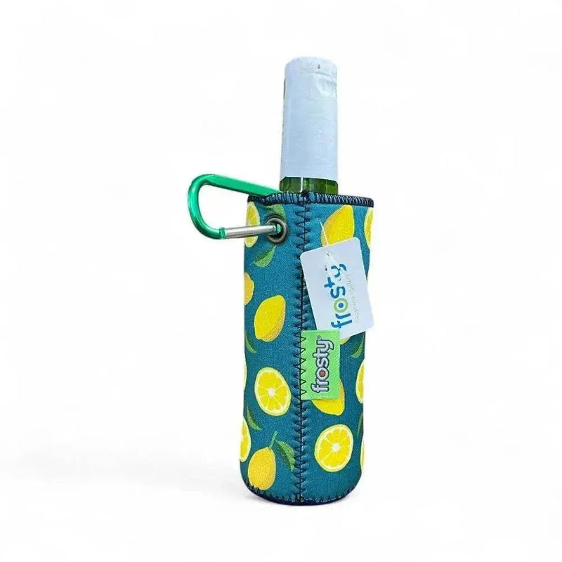 Frosty Beer Cooler with pineapples print and carabiner clip for easy carrying.