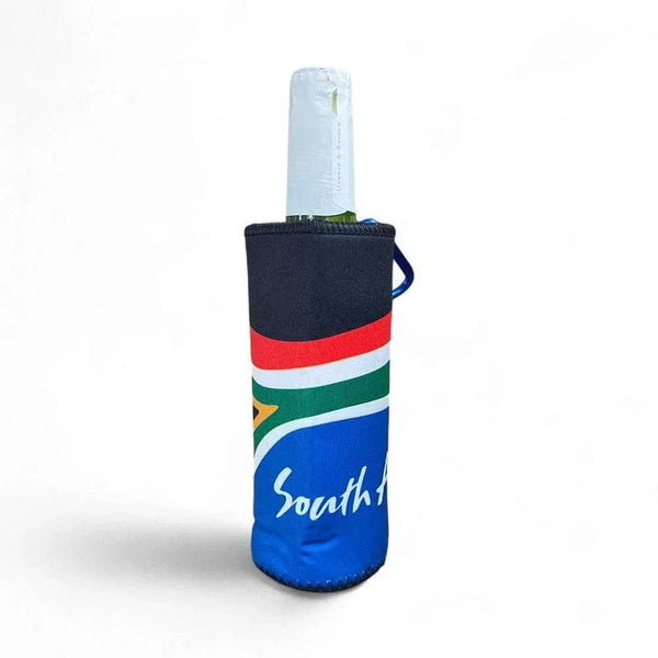 Frosty Beer Cooler with South African flag print, neoprene sleeve for keeping drinks cold, features a handy carabiner clip.