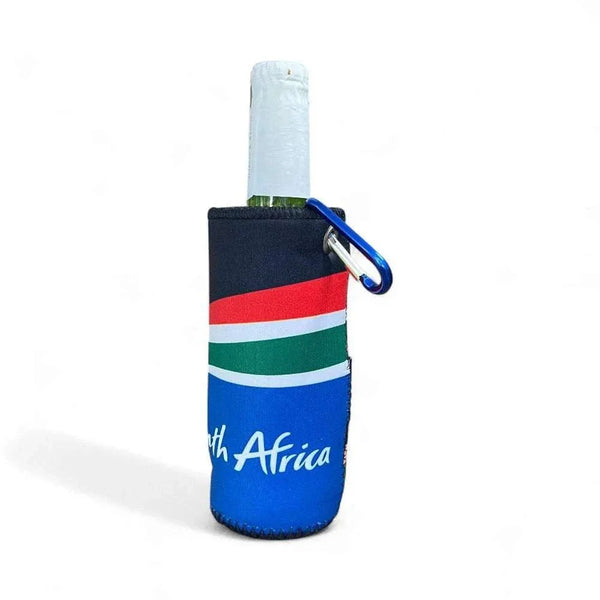 Frosty Beer Cooler with South African flag print and carabiner clip.