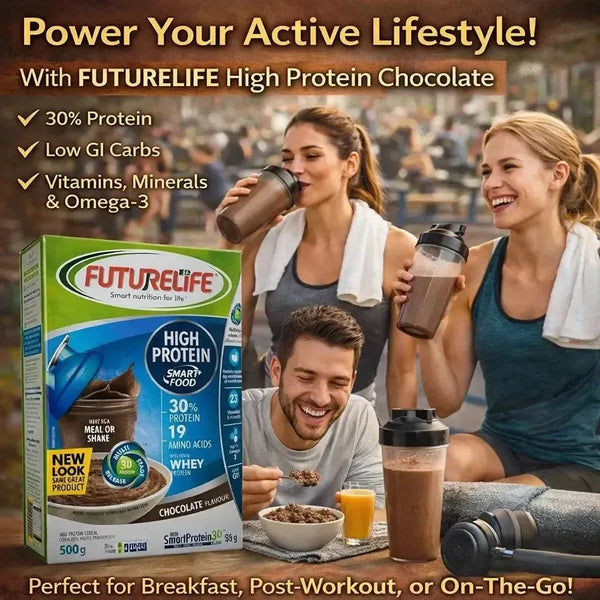 Futurelife Cereal High Protein Chocolate 500g box with nutritional benefits and immune support