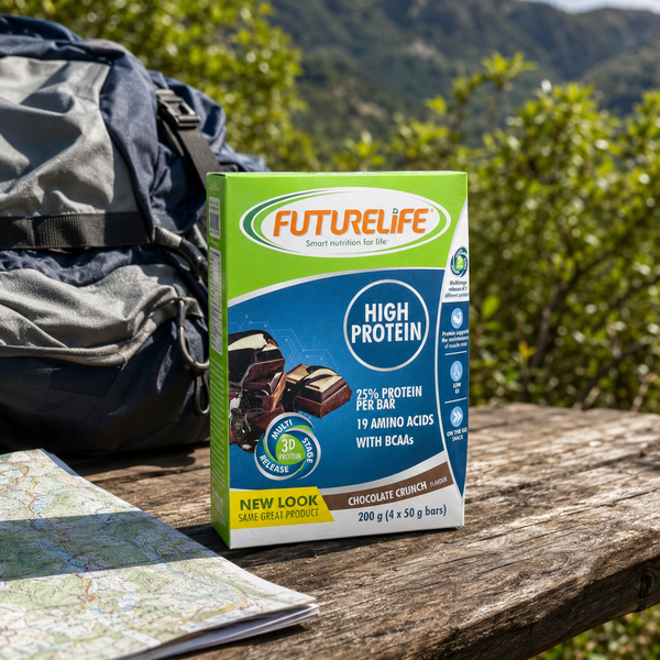 Futurelife High Protein Chocolate Crunch 4 × 50g bars with an adult hiking backpack and trail map