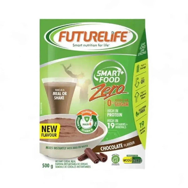 Futurelife Zero Smart Food Chocolate 500g pack; low-GI, high-protein meal replacement with 22 vitamins and minerals.