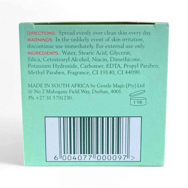 Back of Gentle Magic Skincare Cream box showing ingredients and contact information.