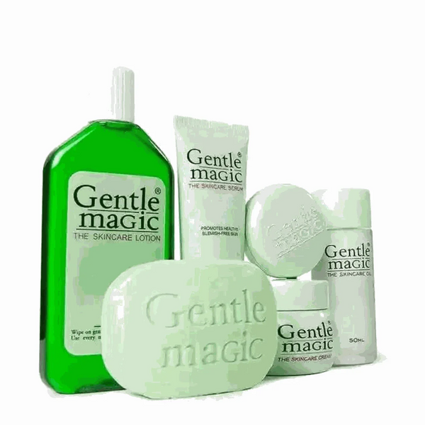 Gentle Magic Skincare range including lotion, soap, serum, and cream.