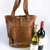 Woesmooi genuine leather wine bag carrying two wine bottles securely and stylishly