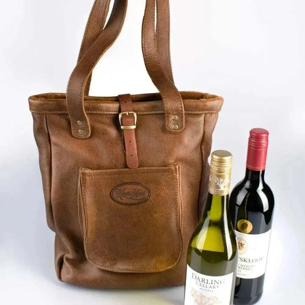 Woesmooi genuine leather wine bag carrying two wine bottles securely and stylishly