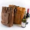 Woesmooi genuine leather wine bag holding two wine bottles securely