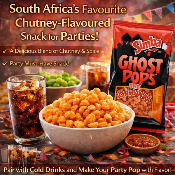 Simba Ghost Pops 100g bag of South African ghost pop chips with chutney and spice flavor