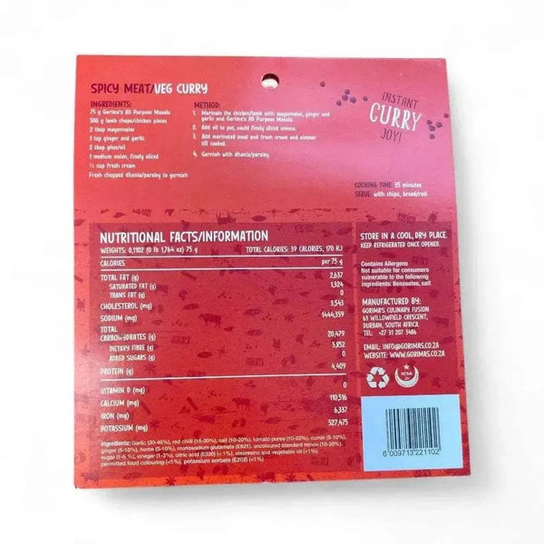 Gorima's Spice All Purpose Masala 75g packet with nutritional facts and cooking instructions