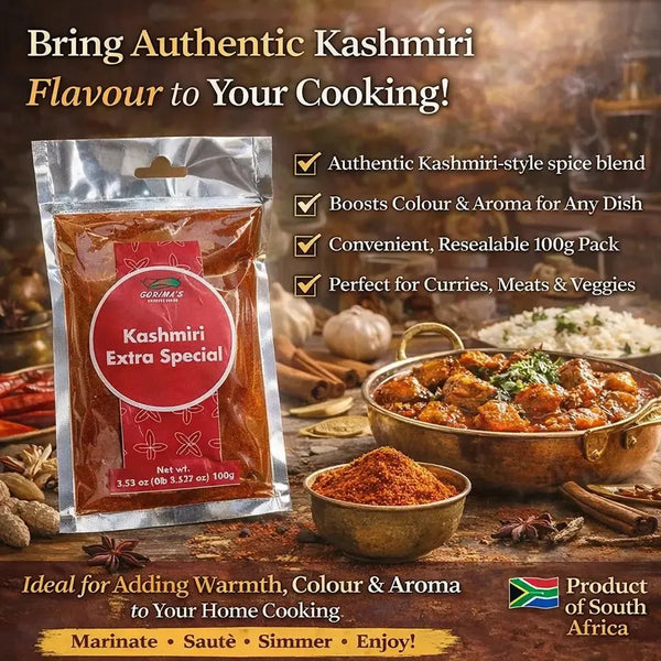 Gorima's Spice Kashmiri Extra Special 100g resealable pack of aromatic traditional masala blend for rich, vibrant home cooking