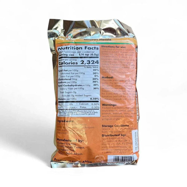 Back view of Gorima's Spice Tandoori Masala 500g package showing nutrition facts, ingredients, usage directions, warnings, and storage conditions.