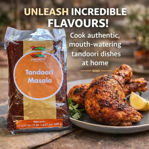 Gorima’s Spice Tandoori Masala 500g pack with authentic blend of paprika, turmeric, coriander, cumin, garlic, and ginger for flavorful tandoori dishes