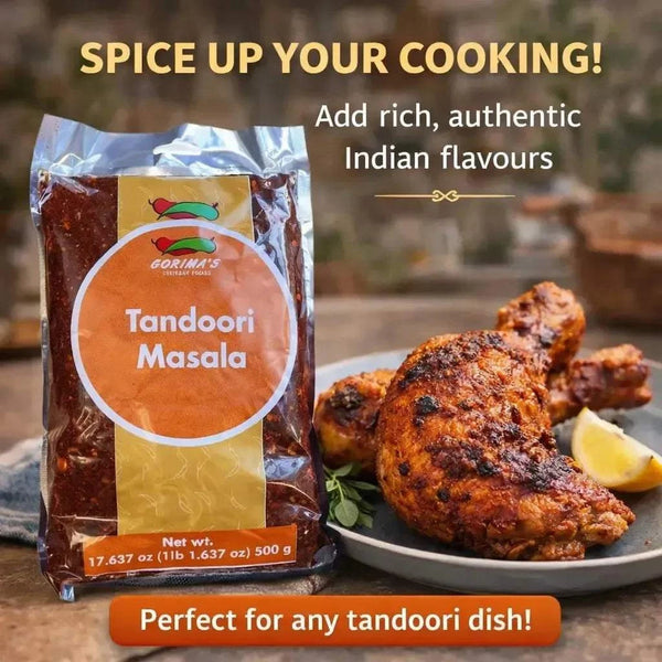 Gorima’s Spice Tandoori Masala 500g pack with authentic blend of paprika, turmeric, cumin, and garlic for flavorful tandoori dishes