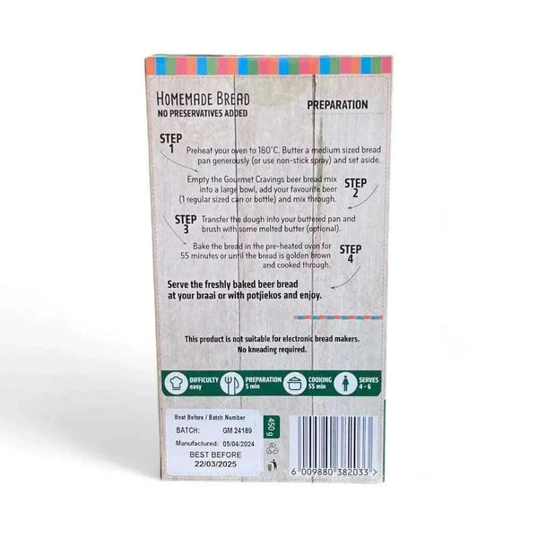 Gourmet Pre-Mix Beer Bread Garlic Herb 450g packaging with nutritional info and ingredients