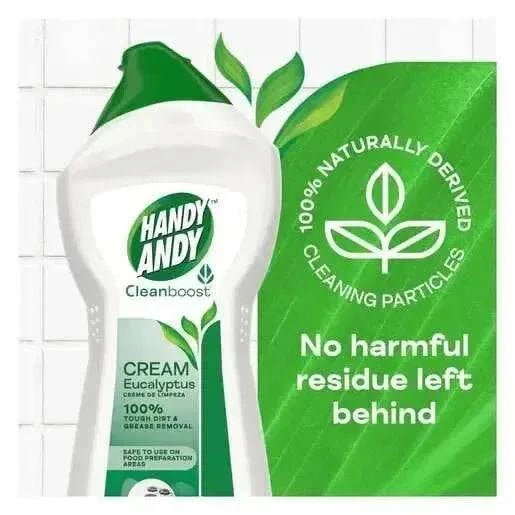 Handy Andy Cream Eucalyptus 750ml bottle with natural cleaning particles for tough dirt and grease removal, safe for food preparation areas.