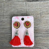 Hanging earrings with red heart and tassel in circle design, made in South Africa