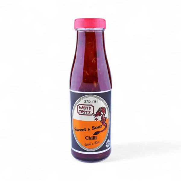 Hasty Tasty Sauce Sweet & Sour Chilli 375ml bottle with a vibrant red hue, suitable for various dishes.