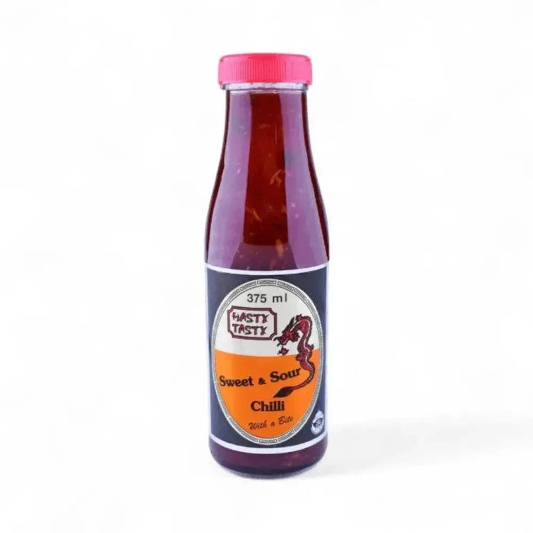 Hasty Tasty Sauce Sweet & Sour Chilli 375ml bottle with a vibrant red hue, suitable for various dishes.