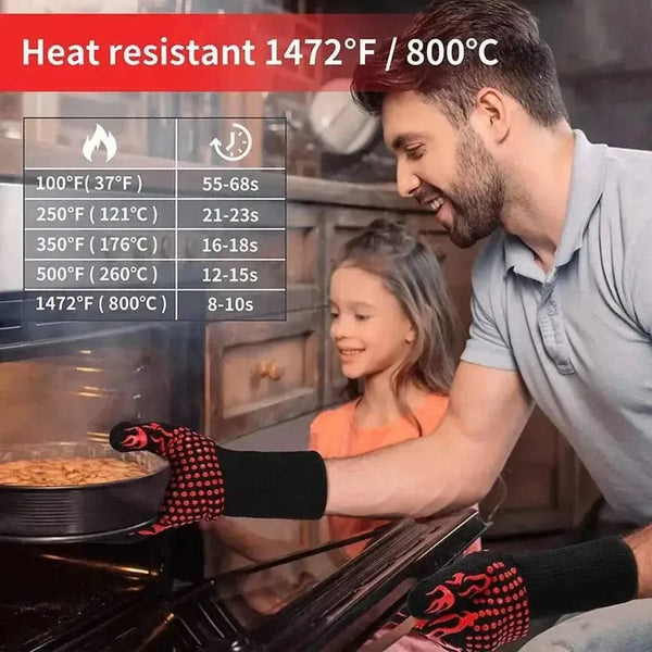Red and black heat resistant Braai gloves with non-slip grip for grilling and cooking safety
