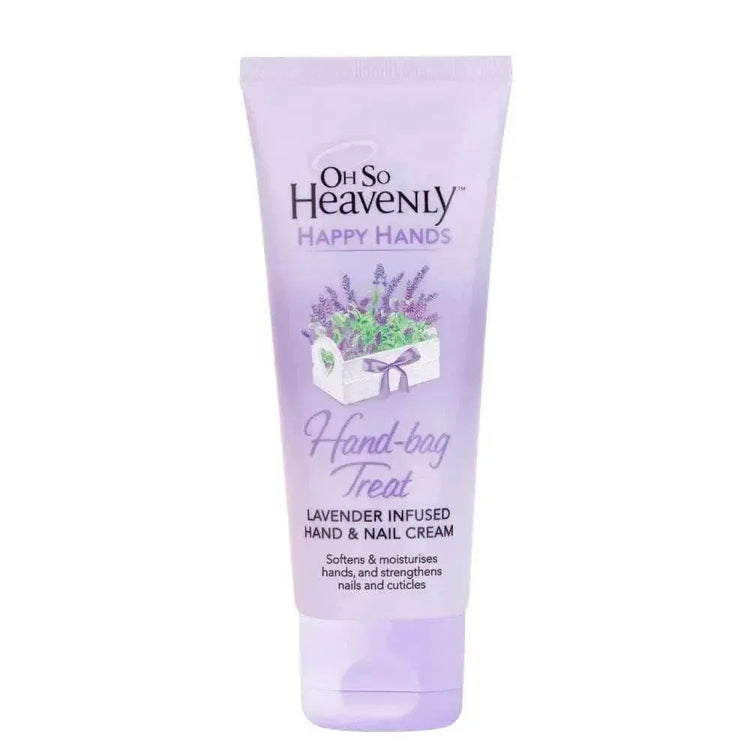 Oh So Heavenly Happy Hands Hand Cream Lavender Hand Bag Treat 100ml tube with lavender flowers and leaves background