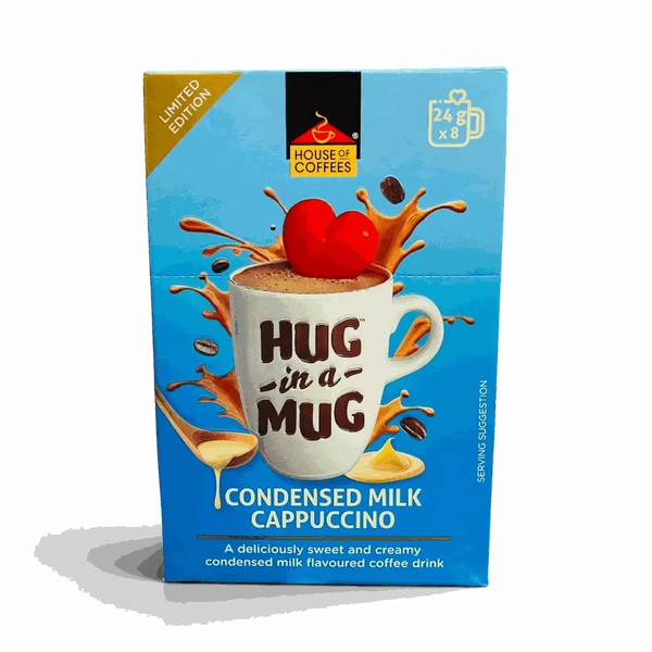 Hug-in-a-Mug condensed milk cappuccino sticks box with creamy coffee powder packaging