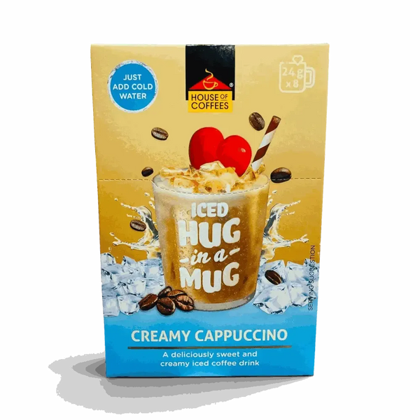 Hug-in-a-Mug creamy iced cappuccino sachets ready with cold water for smooth refreshing coffee