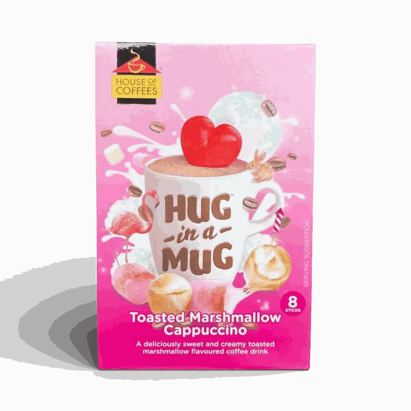 Box of Hug-in-a-Mug Toasted Marshmallow Cappuccino single-serve sticks with creamy coffee drink