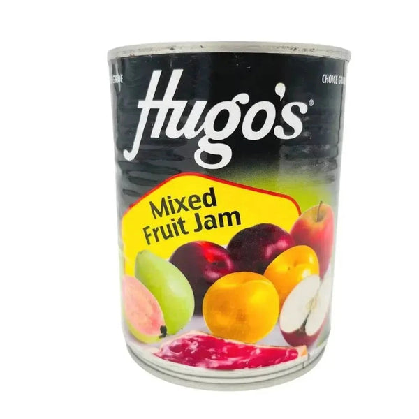 Hugo's Mixed Fruit Jam 450g jar with assorted fruit jam inside