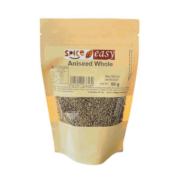 Spice n Easy Aniseed Whole 50g resealable pouch used for baking, cooking, and rusks with sweet liquorice flavor