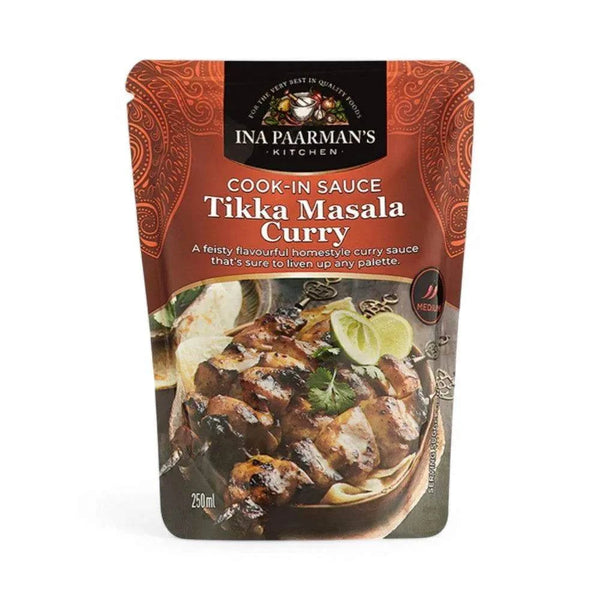 Ina Paarman Tikka Masala Cook-in Sauce 250ml package with image of curry dish, medium heat indicator, and product branding.