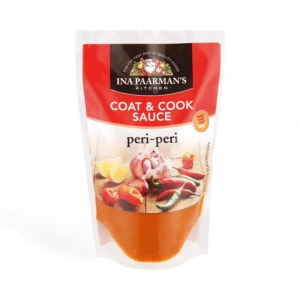 Ina Paarman Peri-Peri Coat & Cook Sauce 200ml pouch with spicy chili, garlic, and lemon flavor.