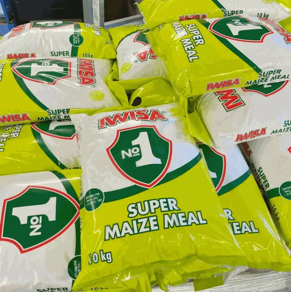 10kg IWISA Super Maize Meal bags displayed, authentically South African product, rich in nutrients, perfect for cooking.